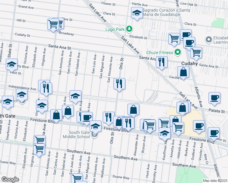 map of restaurants, bars, coffee shops, grocery stores, and more near 4111 Independence Avenue in South Gate