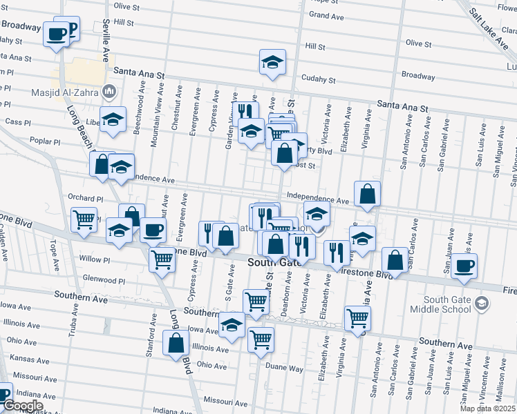 map of restaurants, bars, coffee shops, grocery stores, and more near 8639 Madison Avenue in South Gate