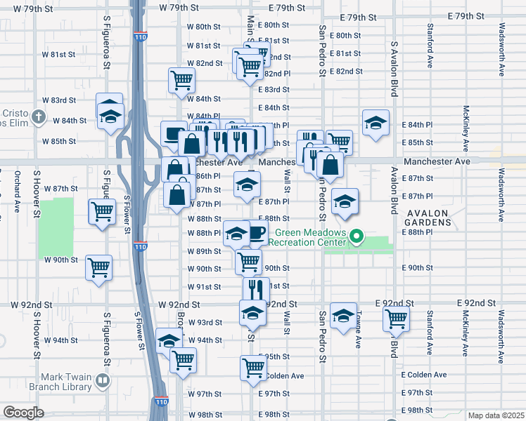 map of restaurants, bars, coffee shops, grocery stores, and more near 8804 South Main Street in Los Angeles