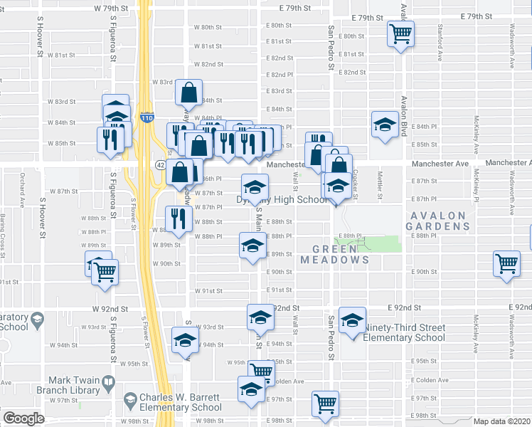 map of restaurants, bars, coffee shops, grocery stores, and more near 8804 South Main Street in Los Angeles
