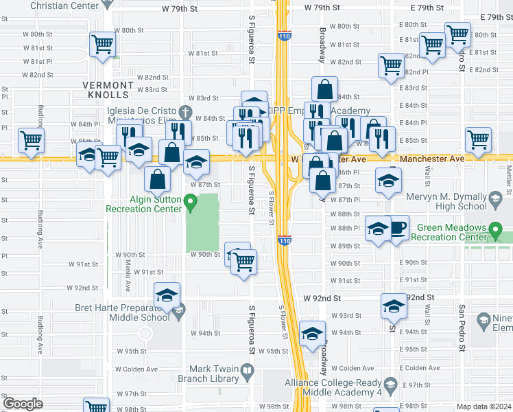 map of restaurants, bars, coffee shops, grocery stores, and more near 8810 South Figueroa Street in Los Angeles