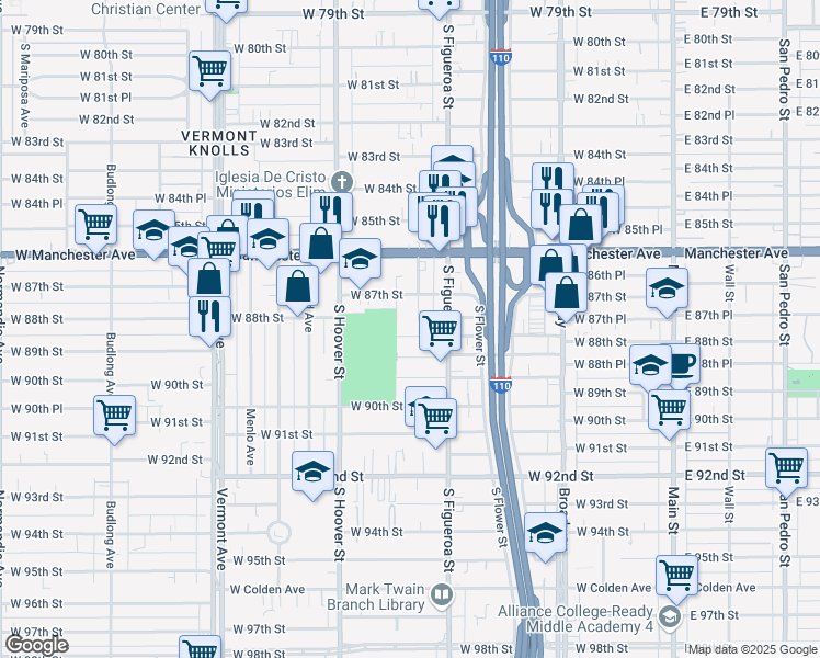 map of restaurants, bars, coffee shops, grocery stores, and more near 544 West 88th Street in Los Angeles