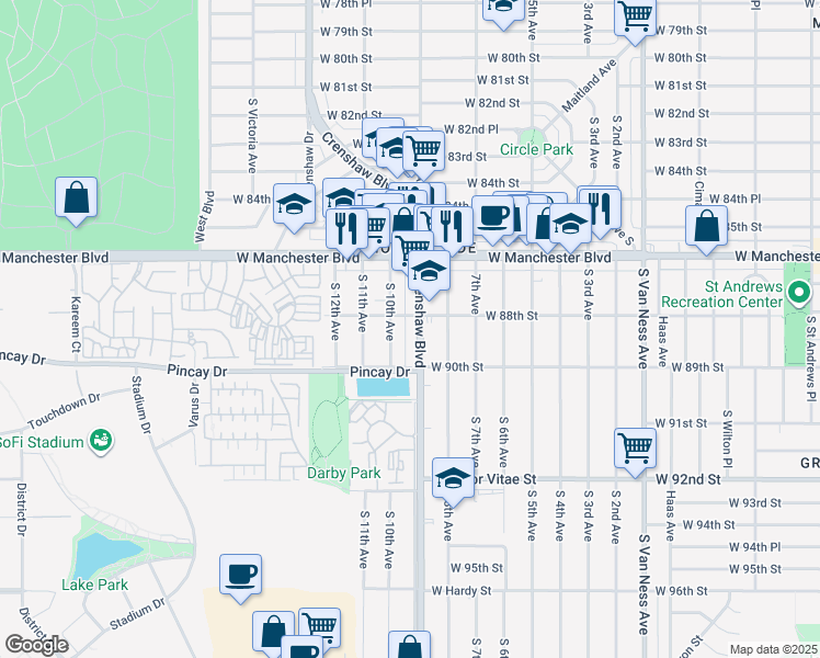 map of restaurants, bars, coffee shops, grocery stores, and more near 8908 South 10th Avenue in Inglewood