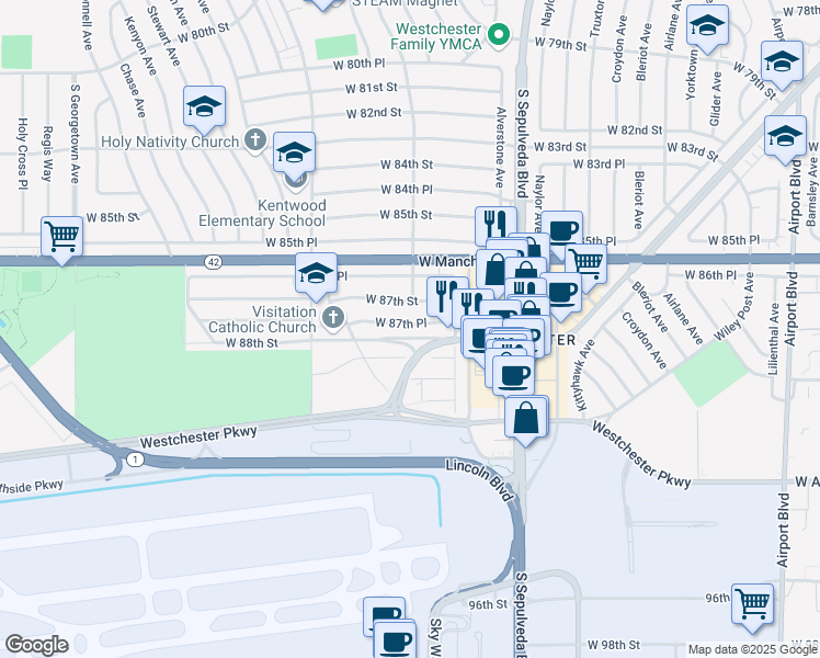 map of restaurants, bars, coffee shops, grocery stores, and more near 6454 West 87th Place in Los Angeles