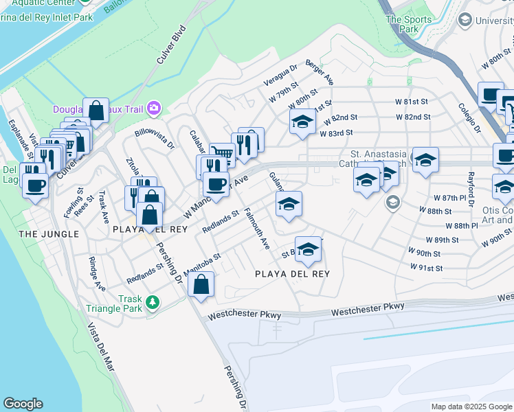 map of restaurants, bars, coffee shops, grocery stores, and more near 8050 Redlands Street in Los Angeles