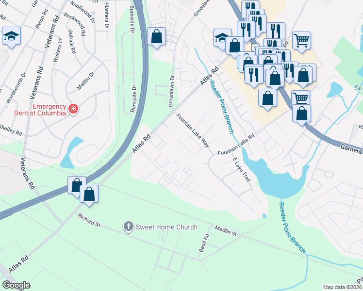 map of restaurants, bars, coffee shops, grocery stores, and more near 110 Atlas Court in Columbia