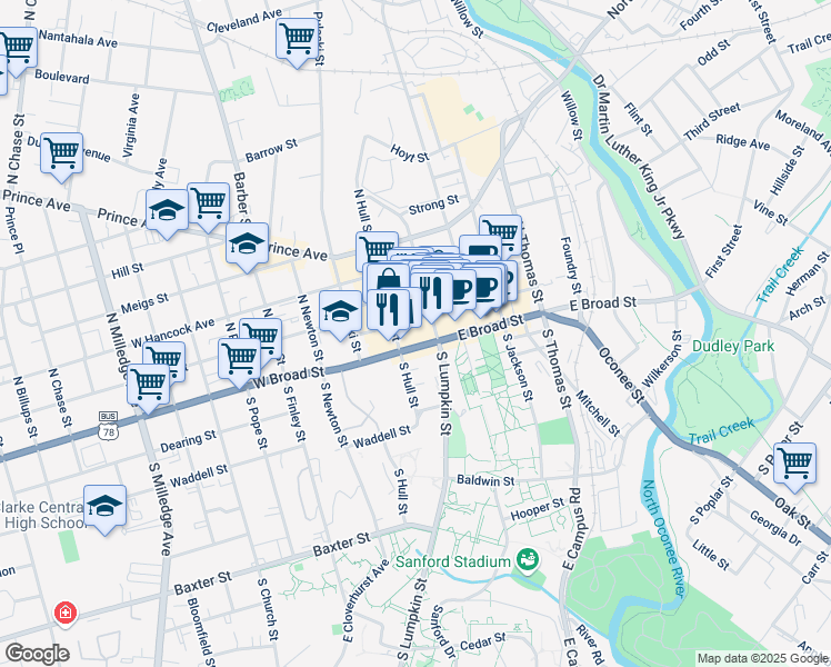 map of restaurants, bars, coffee shops, grocery stores, and more near 186 East Broad Street in Athens
