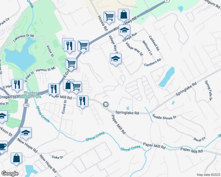 map of restaurants, bars, coffee shops, grocery stores, and more near 158 Paper Mill Road in Lawrenceville