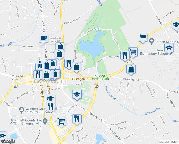 map of restaurants, bars, coffee shops, grocery stores, and more near 30 East Crogan Street in Lawrenceville
