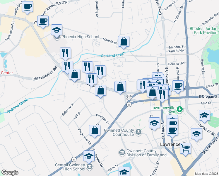 map of restaurants, bars, coffee shops, grocery stores, and more near 350 W Pike St in Lawrenceville