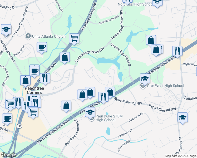 map of restaurants, bars, coffee shops, grocery stores, and more near 3372 Willow Oak Drive in Norcross