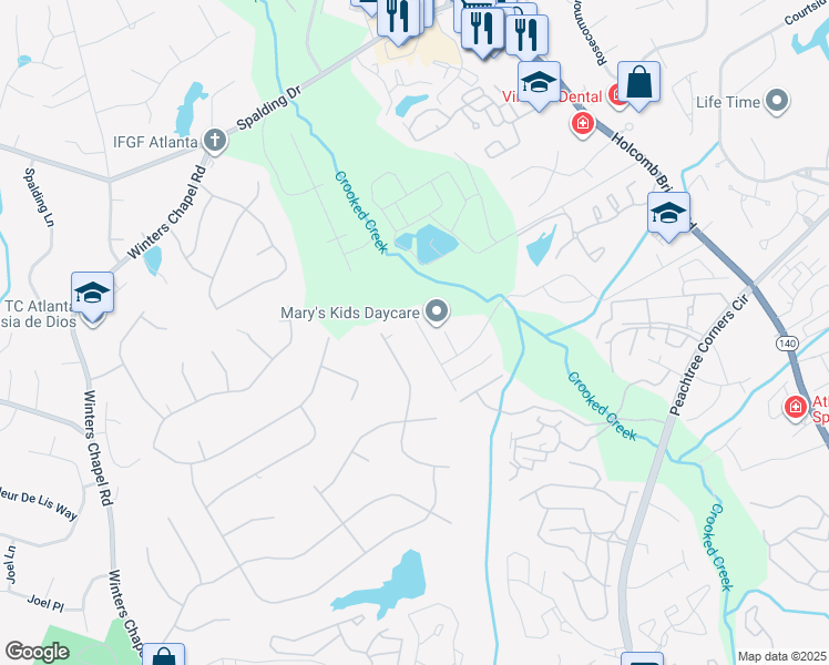 map of restaurants, bars, coffee shops, grocery stores, and more near 3874 Meadow Creek Drive in Norcross