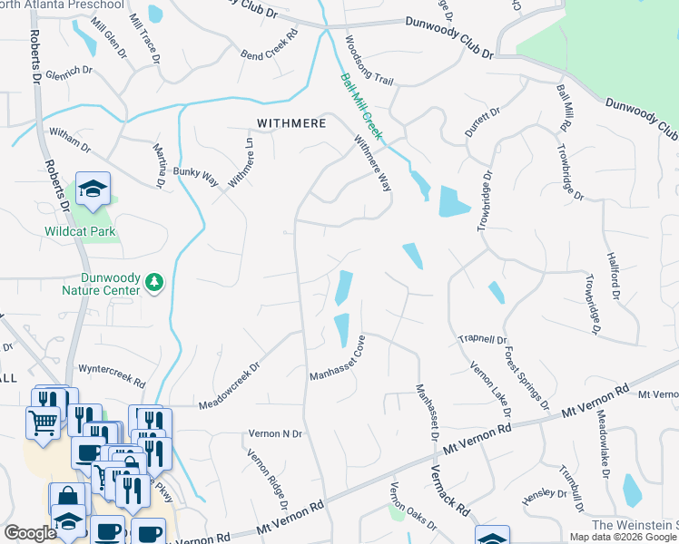 map of restaurants, bars, coffee shops, grocery stores, and more near 1555 Dunwoody Club Crossing in Dunwoody