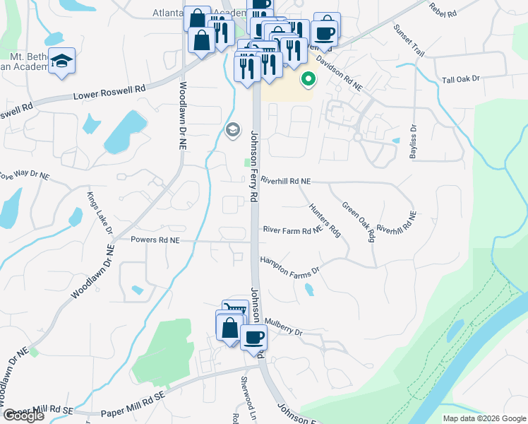 map of restaurants, bars, coffee shops, grocery stores, and more near 368 Johnson Ferry Road in Sandy Springs