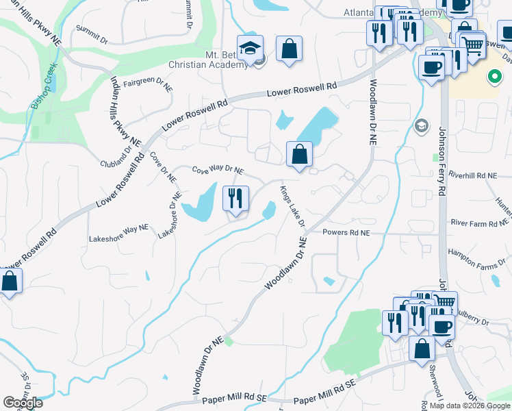 map of restaurants, bars, coffee shops, grocery stores, and more near 4398 Cove Island Drive Northeast in Marietta