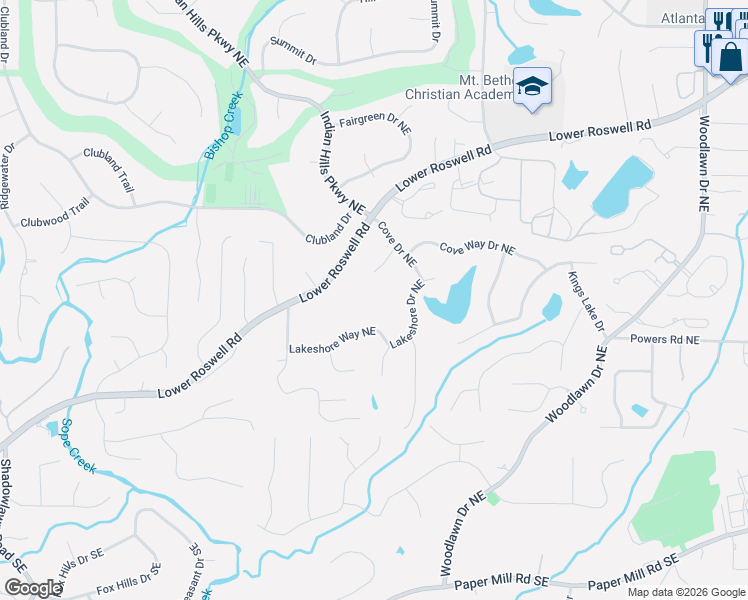 map of restaurants, bars, coffee shops, grocery stores, and more near 4154 Lakeshore Way Northeast in Marietta