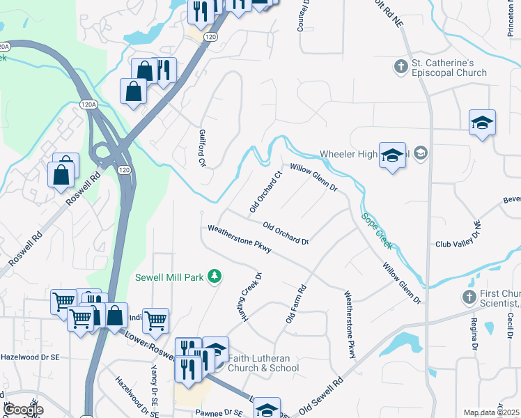 map of restaurants, bars, coffee shops, grocery stores, and more near 2225 Old Orchard Drive in Marietta