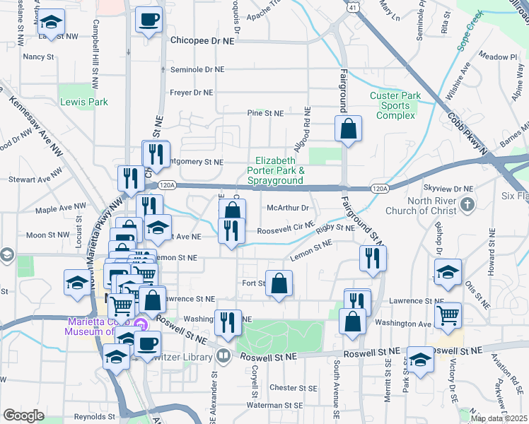 map of restaurants, bars, coffee shops, grocery stores, and more near 365 Roosevelt Circle Northeast in Marietta