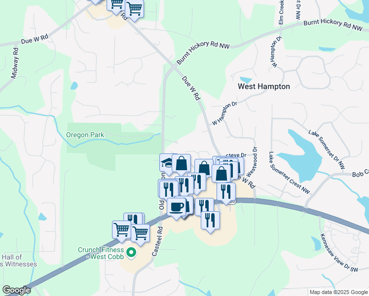 map of restaurants, bars, coffee shops, grocery stores, and more near 250 Whisperwood Lane in Marietta
