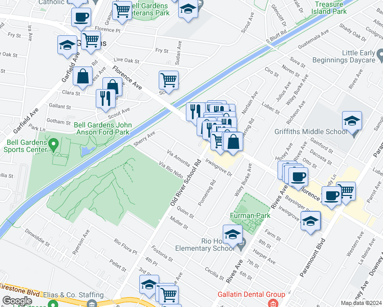map of restaurants, bars, coffee shops, grocery stores, and more near 7346 Irwingrove Drive in Downey