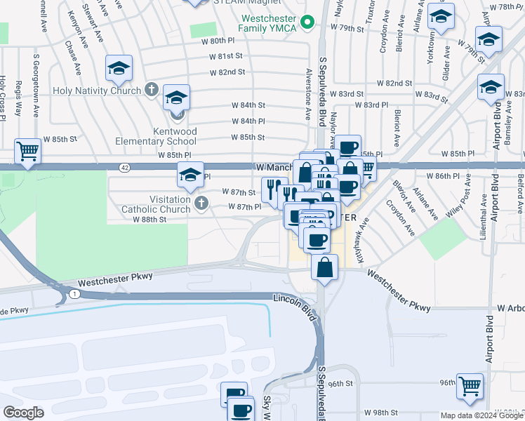 map of restaurants, bars, coffee shops, grocery stores, and more near 6422 West 87th Place in Los Angeles