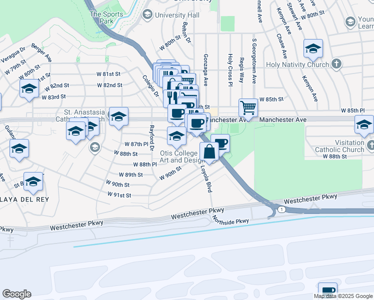 map of restaurants, bars, coffee shops, grocery stores, and more near 8844 Villanova Avenue in Los Angeles