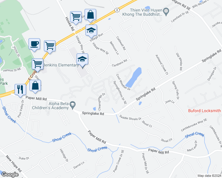 map of restaurants, bars, coffee shops, grocery stores, and more near 66 Springbottom Drive Southeast in Lawrenceville