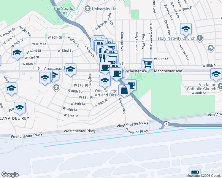 map of restaurants, bars, coffee shops, grocery stores, and more near 8844 Villanova Avenue in Los Angeles