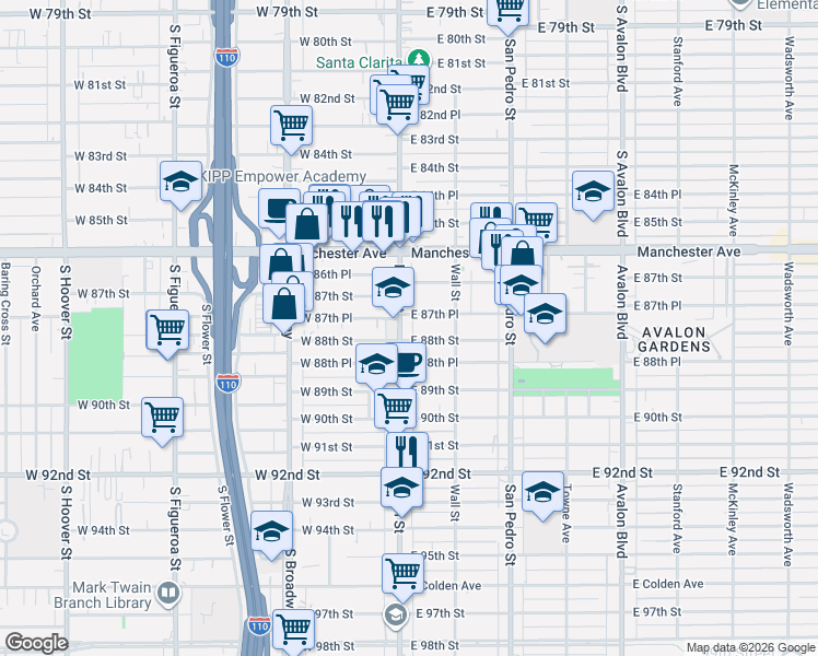 map of restaurants, bars, coffee shops, grocery stores, and more near 8760 Main Street in Los Angeles
