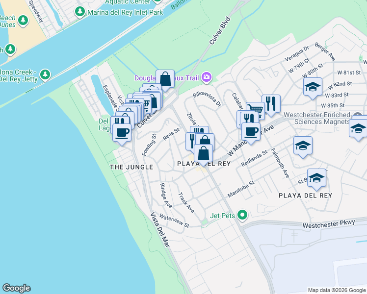 map of restaurants, bars, coffee shops, grocery stores, and more near 7123 Earldom Avenue in Los Angeles