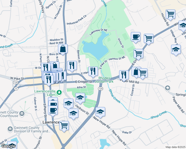 map of restaurants, bars, coffee shops, grocery stores, and more near 30 East Crogan Street in Lawrenceville
