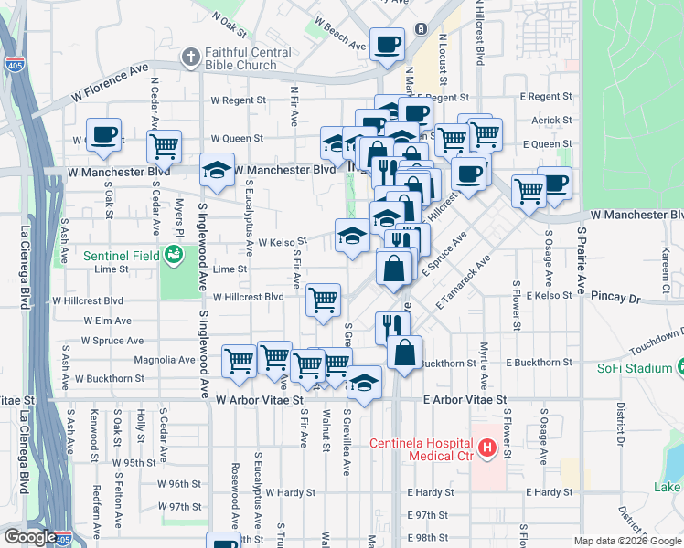 map of restaurants, bars, coffee shops, grocery stores, and more near 501 South Grevillea Avenue in Inglewood