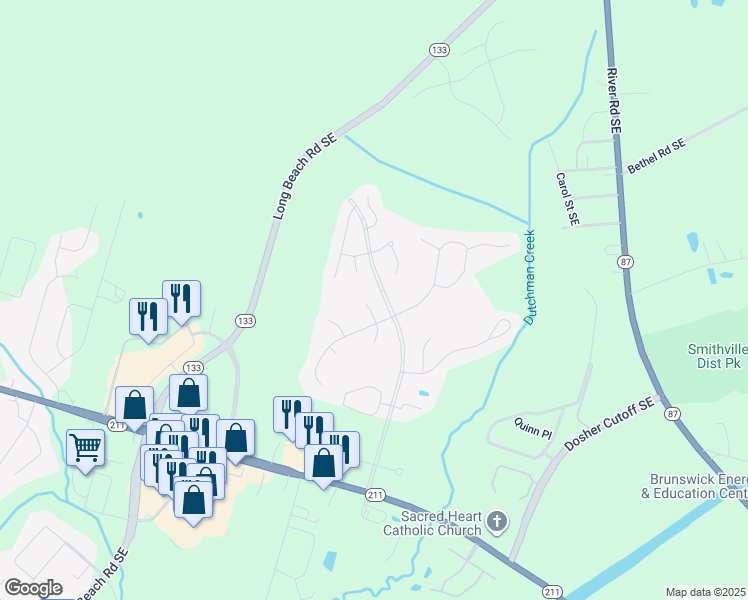 map of restaurants, bars, coffee shops, grocery stores, and more near 5018 Oarlock Court in Southport