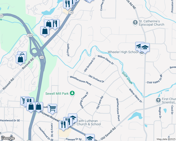 map of restaurants, bars, coffee shops, grocery stores, and more near 2225 Old Orchard Drive in Marietta