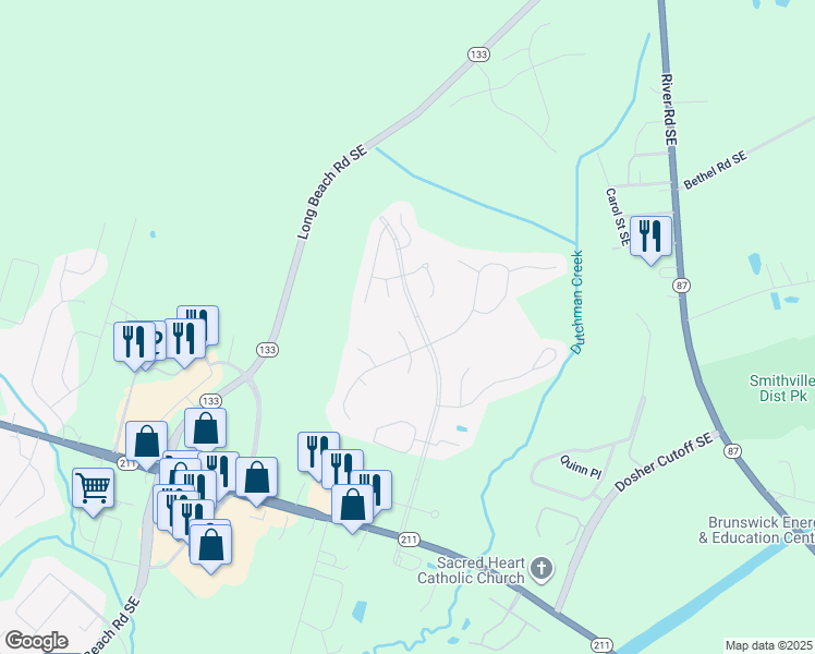 map of restaurants, bars, coffee shops, grocery stores, and more near 5018 Oarlock Court in Southport