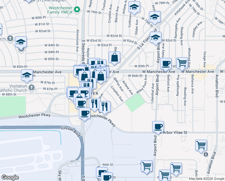 map of restaurants, bars, coffee shops, grocery stores, and more near 8769 Croydon Avenue in Los Angeles