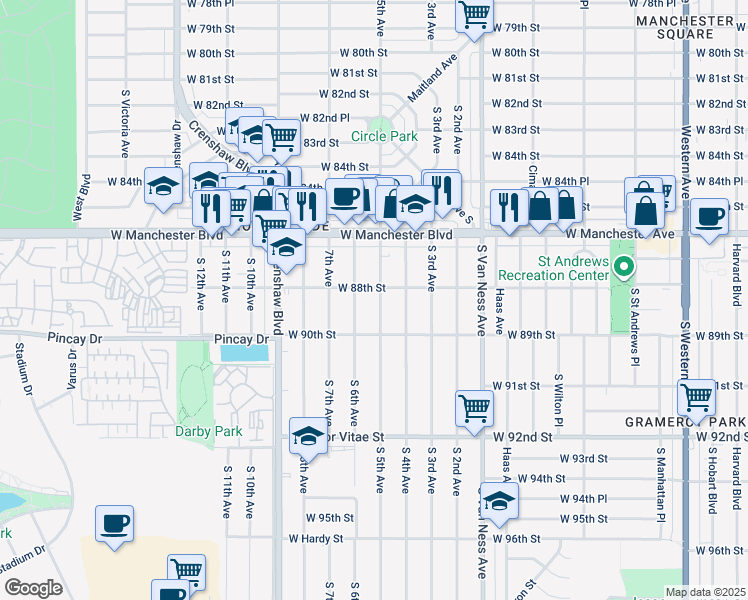 map of restaurants, bars, coffee shops, grocery stores, and more near 8809 South 5th Avenue in Inglewood