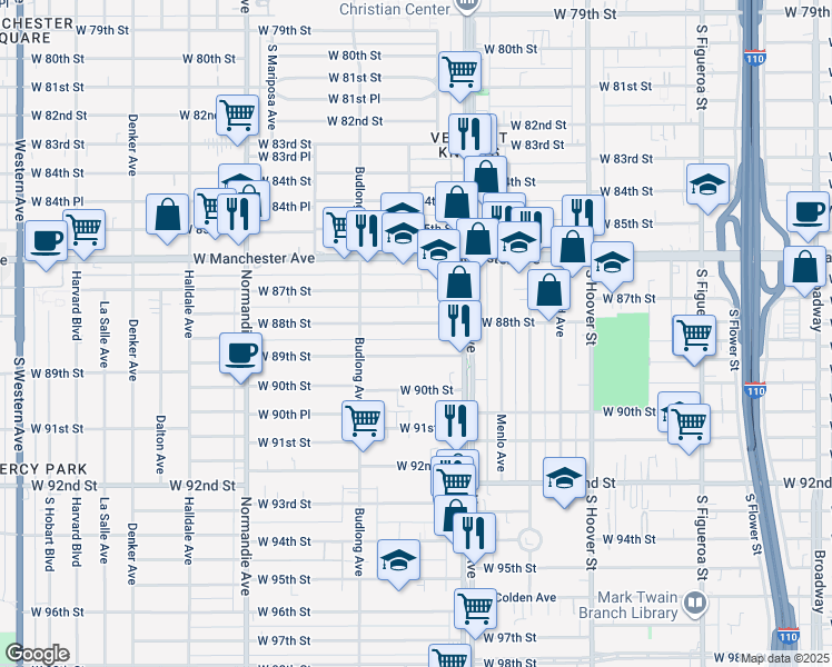 map of restaurants, bars, coffee shops, grocery stores, and more near 1050 West 88th Street in Los Angeles