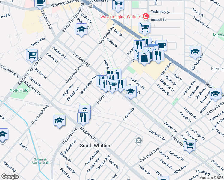 map of restaurants, bars, coffee shops, grocery stores, and more near 13418 Lambert Road in Whittier
