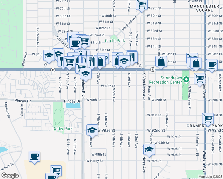 map of restaurants, bars, coffee shops, grocery stores, and more near 8809 South 5th Avenue in Inglewood