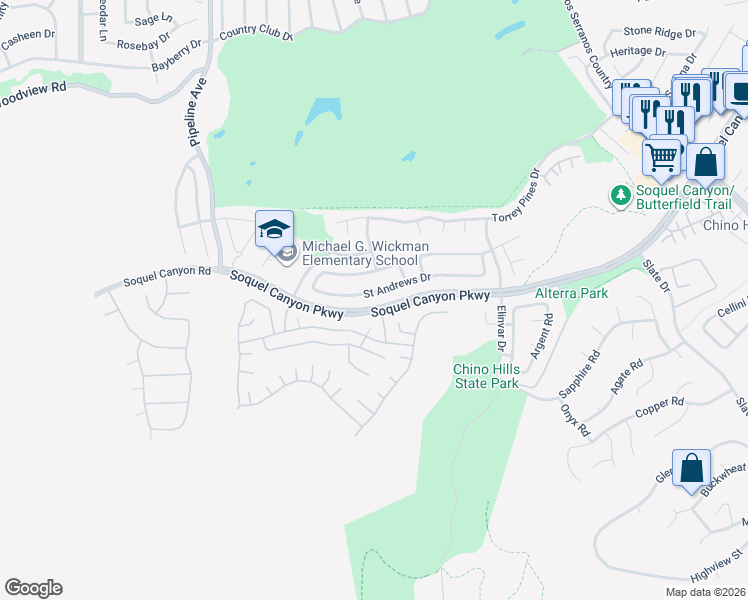 map of restaurants, bars, coffee shops, grocery stores, and more near 16304 Sonnet Place in Chino Hills