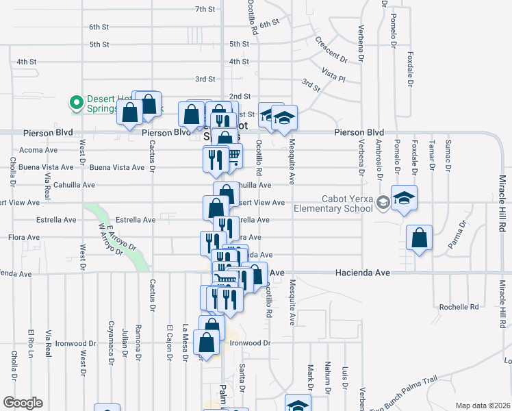 map of restaurants, bars, coffee shops, grocery stores, and more near Desert View Avenue in Desert Hot Springs