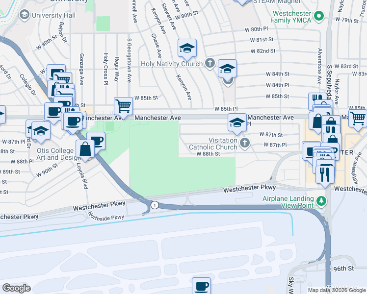 map of restaurants, bars, coffee shops, grocery stores, and more near 8741 McConnell Avenue in Los Angeles