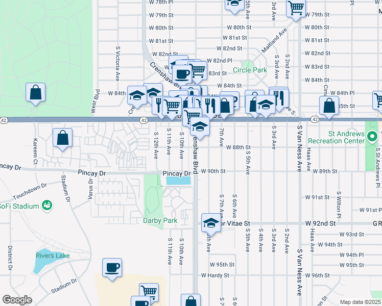 map of restaurants, bars, coffee shops, grocery stores, and more near 8809 Crenshaw Boulevard in Inglewood