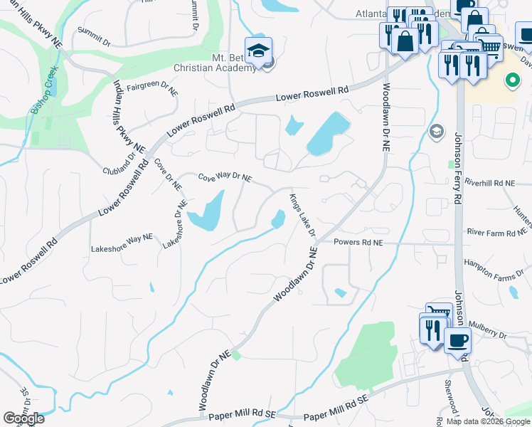 map of restaurants, bars, coffee shops, grocery stores, and more near 4398 Cove Island Drive Northeast in Marietta