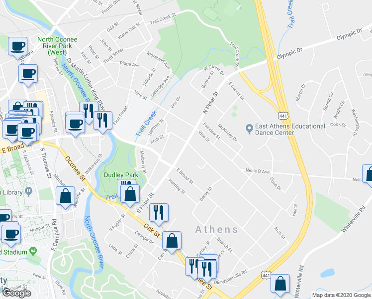 map of restaurants, bars, coffee shops, grocery stores, and more near 160 North Peter Street in Athens