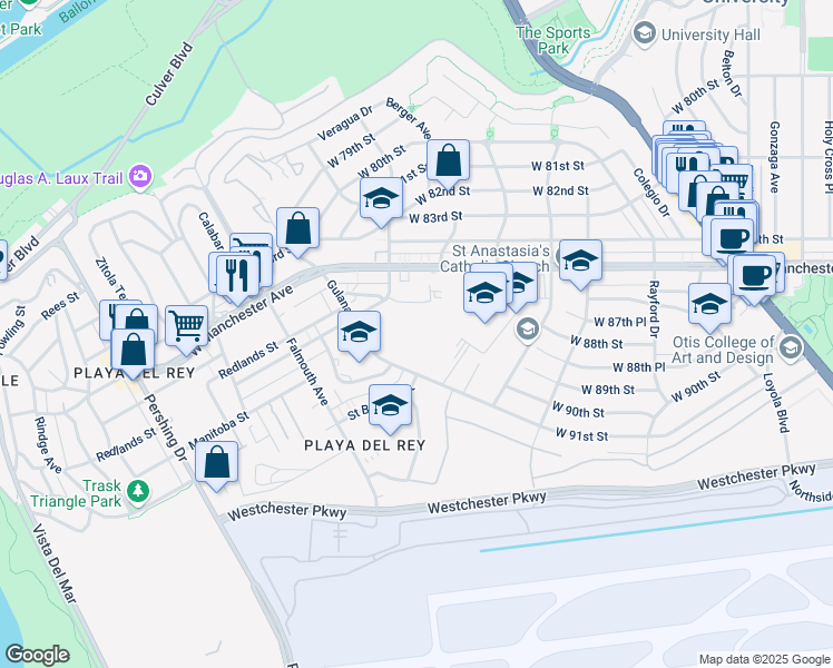 map of restaurants, bars, coffee shops, grocery stores, and more near 7740 Redlands Street in Los Angeles