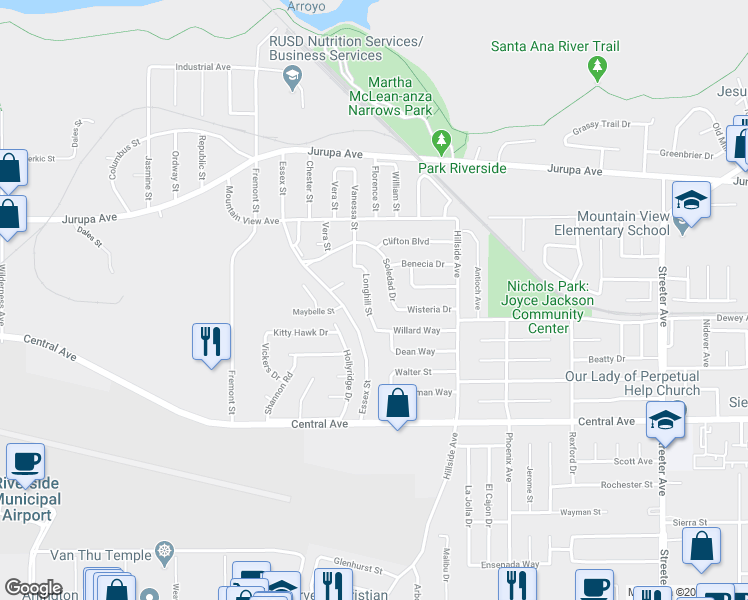 map of restaurants, bars, coffee shops, grocery stores, and more near 6330 Longhill Street in Riverside