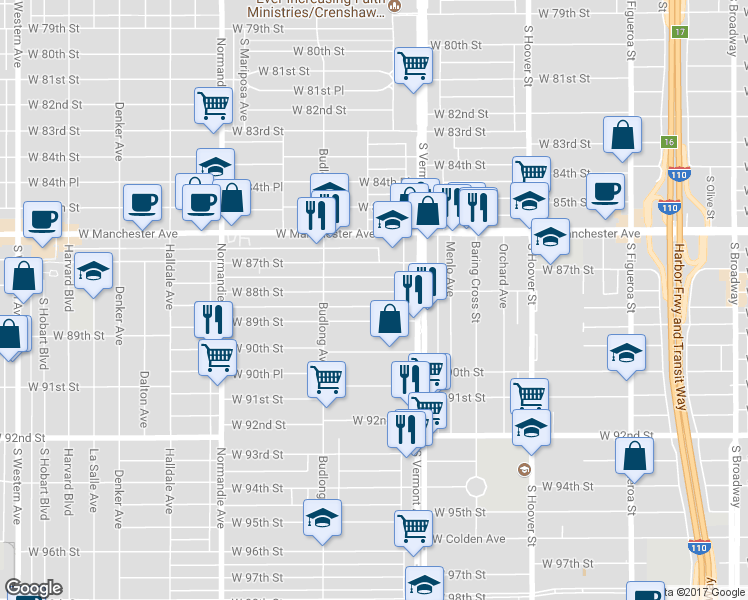 map of restaurants, bars, coffee shops, grocery stores, and more near 1050 West 88th Street in Los Angeles