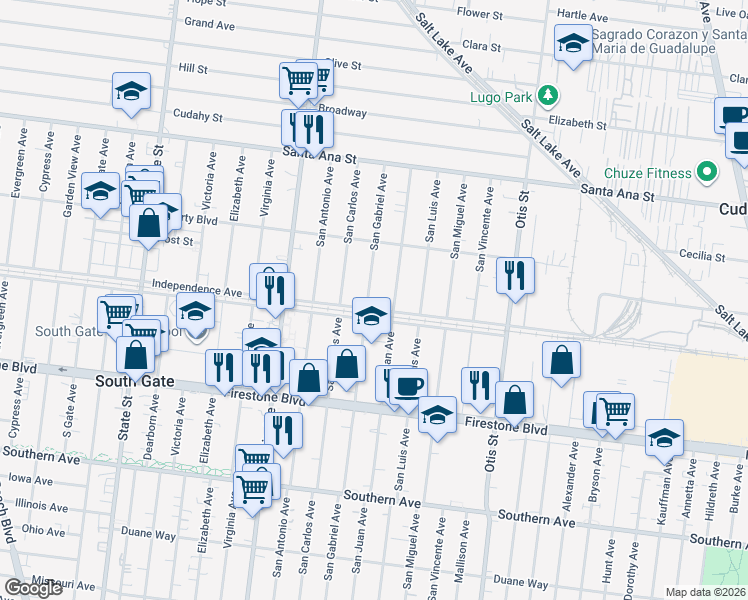 map of restaurants, bars, coffee shops, grocery stores, and more near 3825 Independence Avenue in South Gate
